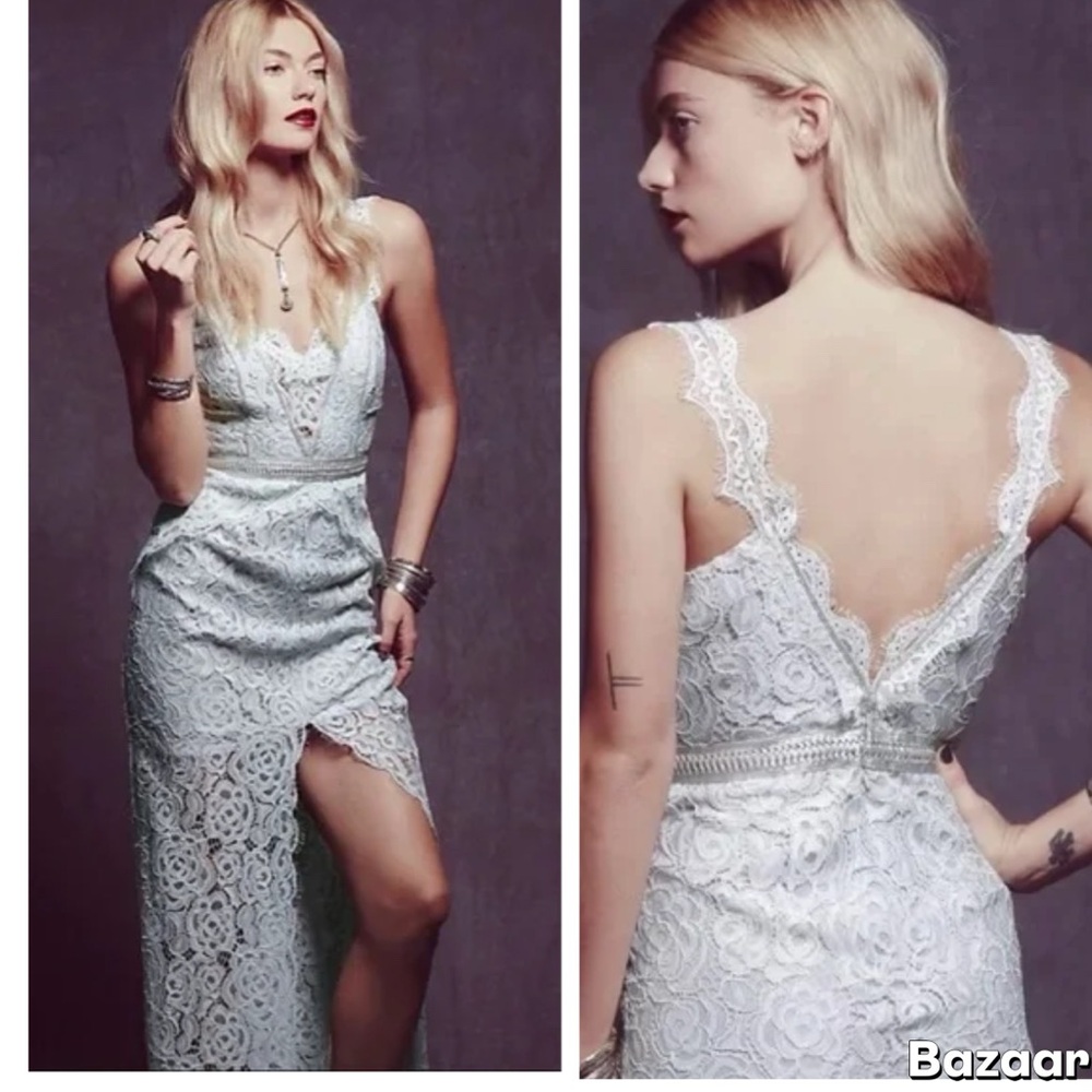 Free People Lace Column Eyelash Slit Front Leather Trim Mint Maxi Dress​​​​​​​